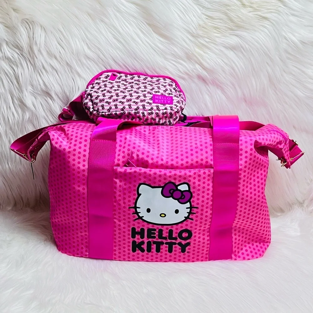 hello kitty travel tote bag AOP in Nylon with PU Accents Duffle Magnetic closure Hello Kitty Striped Duffle Travel